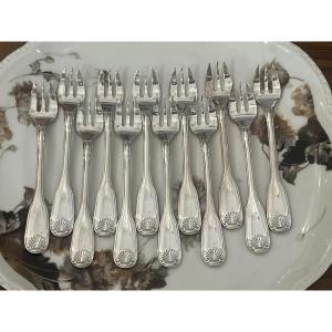12 Fourchettes a Huitre en Métal Argenté Christofle Modèle Coquille Vendôme