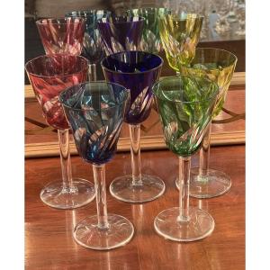 Saint-Louis, 5 Verres cristal De Couleur modèle Bidassoa, Art Deco.