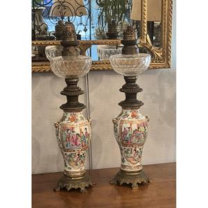 Pair Of Oil Lamps, 19th Century Canton 