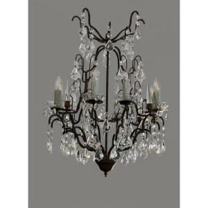 Ref 138 / 8-light Wrought Iron Chandelier With Crystal Drops / Fully Refurbished