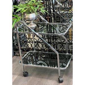 Serving Table On Wheels 2 Chromed Metal And Smoked Glass Trays