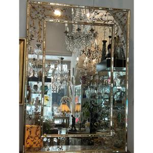 Grand Miroir Décor Eglomisé Et Cadre Doré 135 X 97