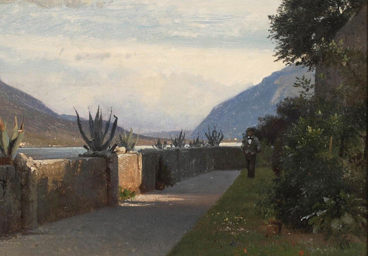 Frédérik Rohde (1816-1886) Lac de Côme, une terrasse de la villa Giulia à Bellagio Italie-photo-2