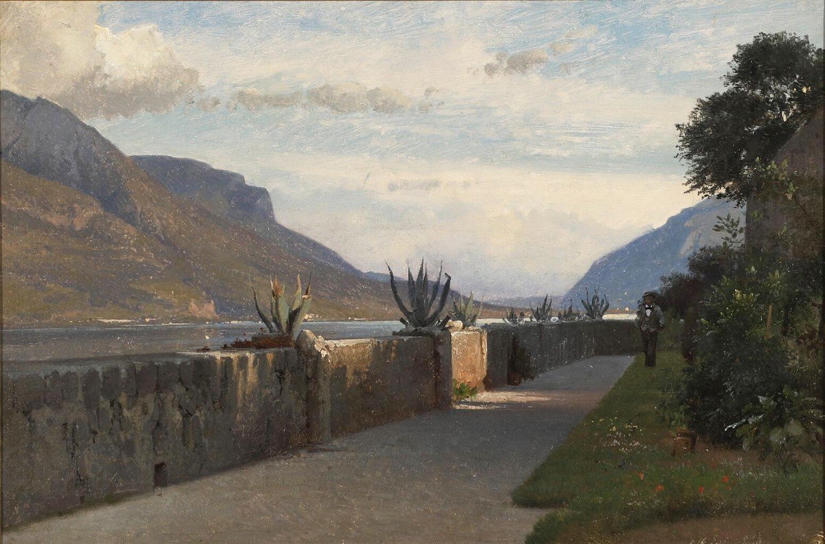 Frédérik Rohde (1816-1886) Lac de Côme, une terrasse de la villa Giulia à Bellagio Italie