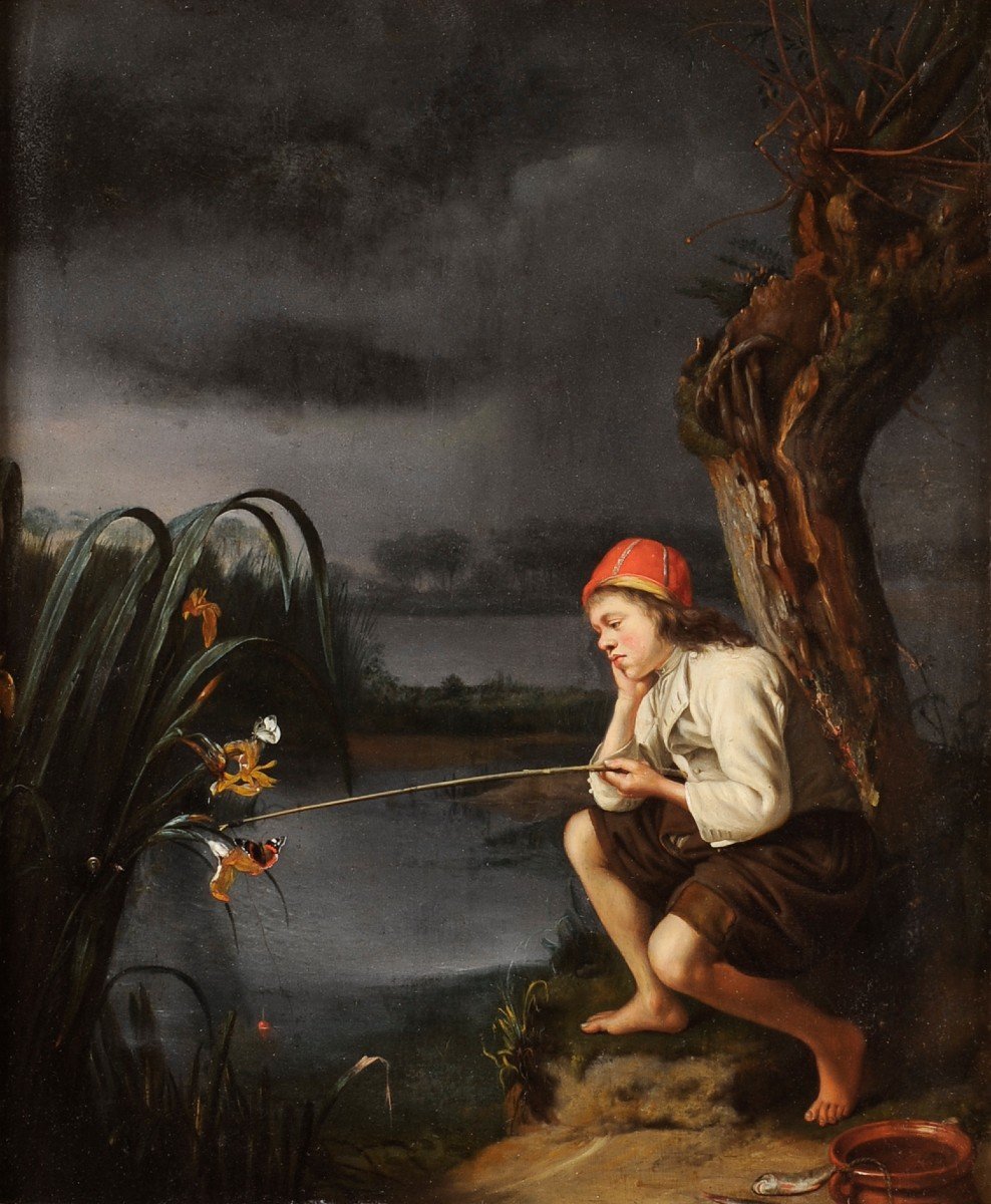 Att. à Godfried Schalken (1643-1706) Jeune pêcheur à la ligne Schalcken-photo-2