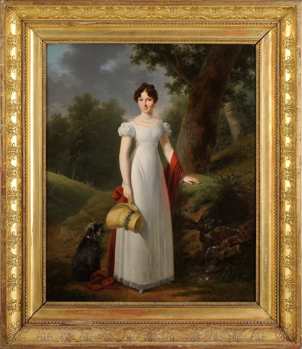 François-Joseph Kinson (1770-1839) Portrait de jeune femme auprès d’une source et son chien