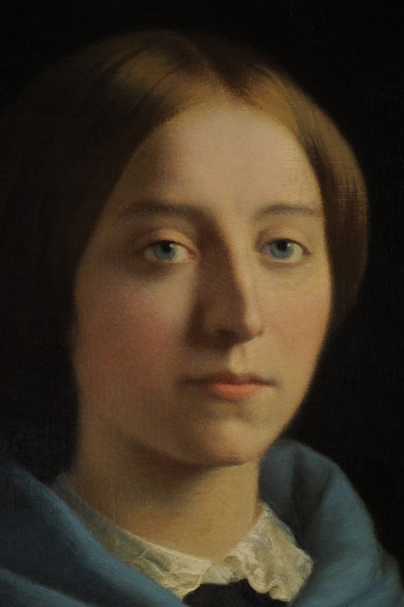 Ecole française vers 1870 - Portrait de jeune femme à la cape bleue-photo-2