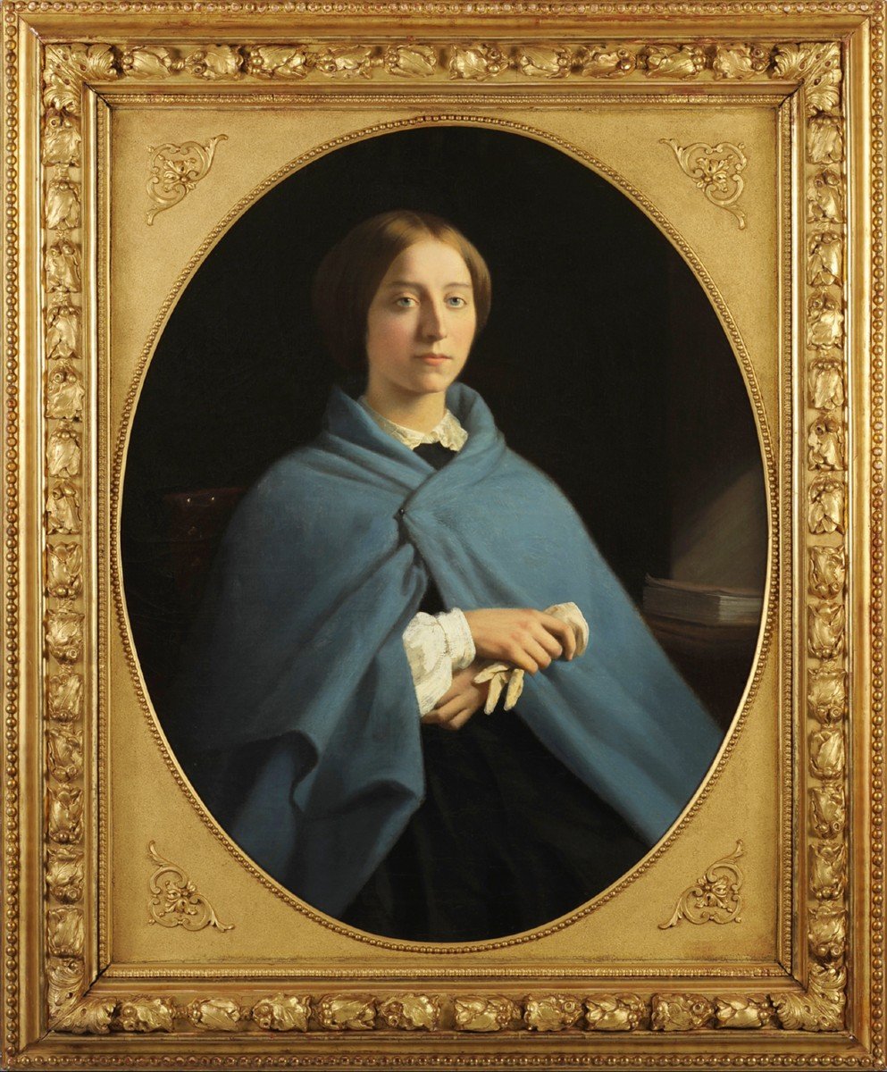 Ecole française vers 1870 - Portrait de jeune femme à la cape bleue