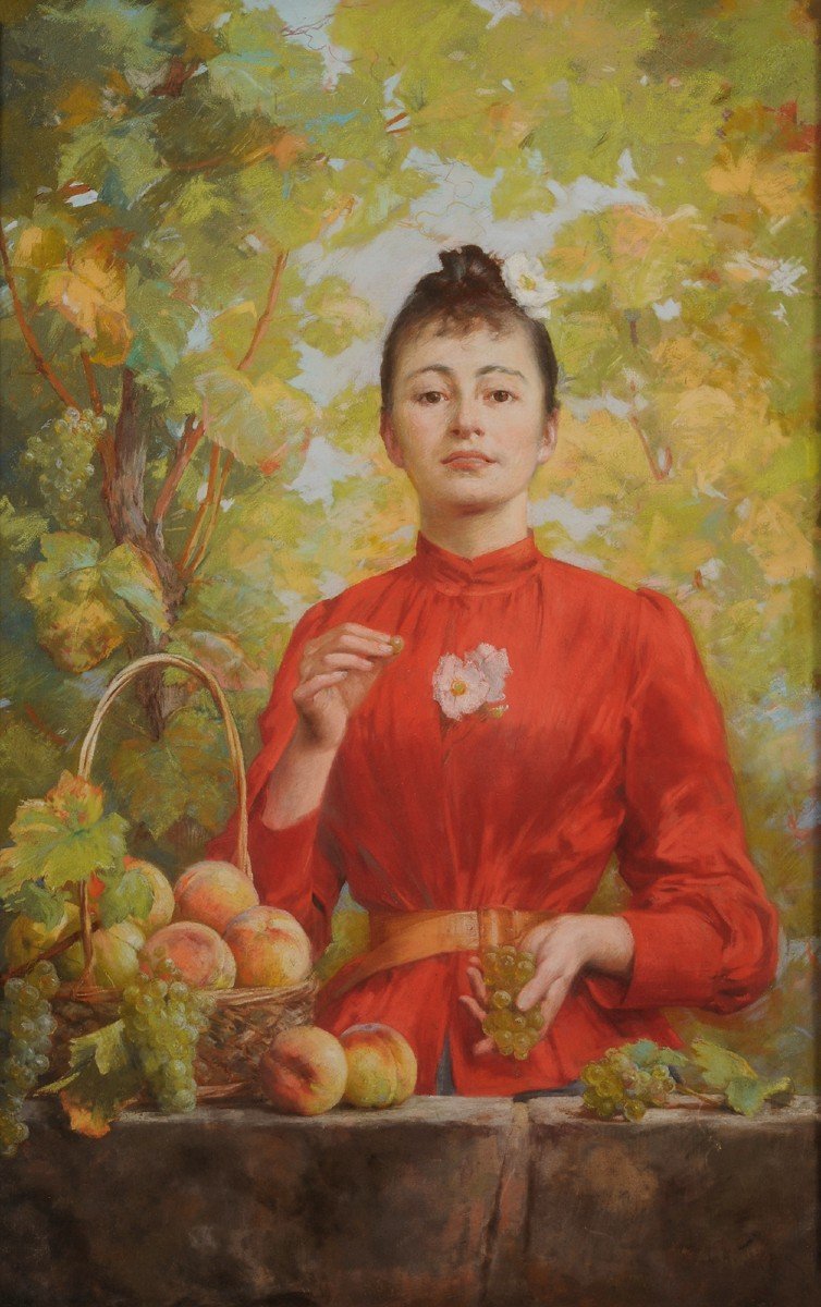 Louis Adolphe Tessier (1858-1915) Portrait de femme sous une treille et au panier de pêches