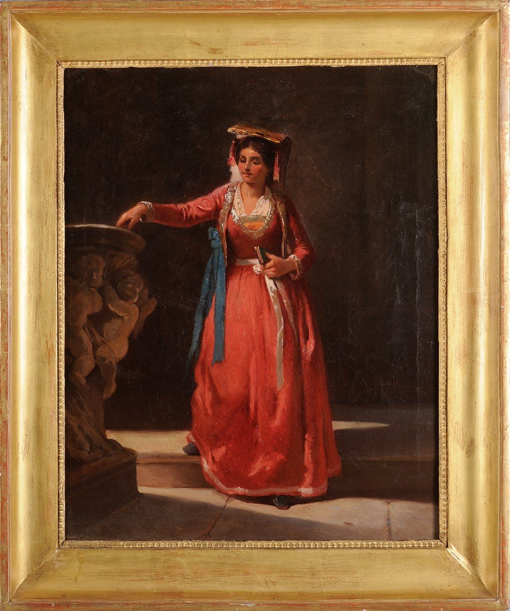 Ecole française vers 1850 - Jeune romaine à l’entrée d’une église