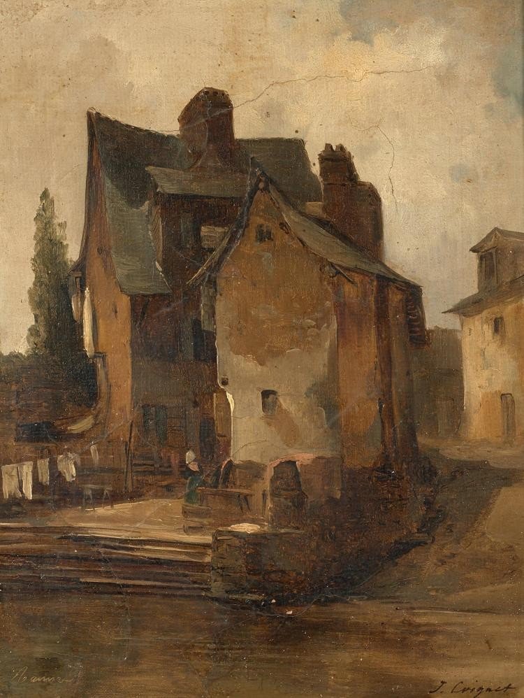 Entourage Of Jules Coignet (1798-1860) Houses On The River Bank-photo-1