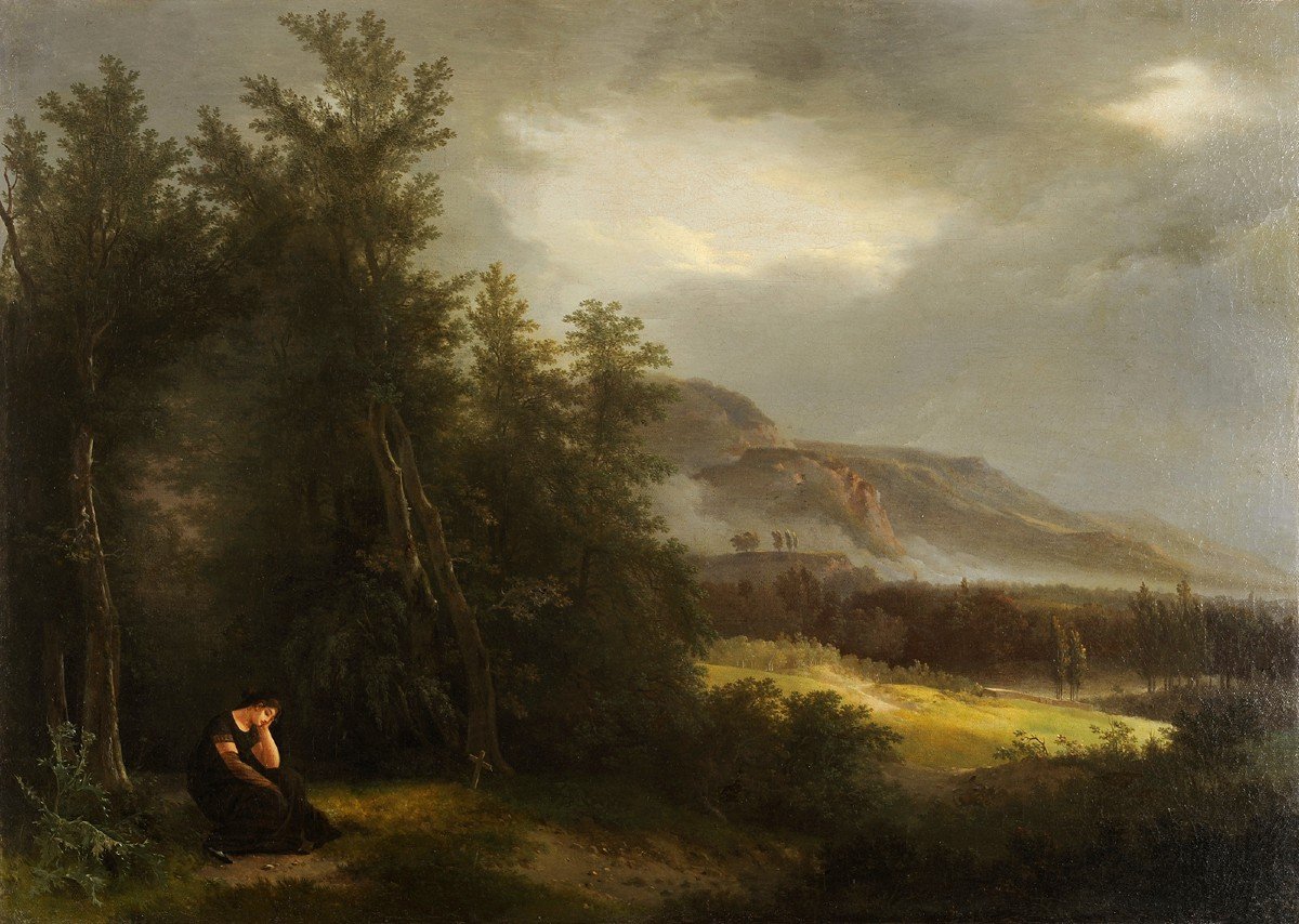 Entourage de Sablet - Femme en deuil dans un paysage de montagne orageux