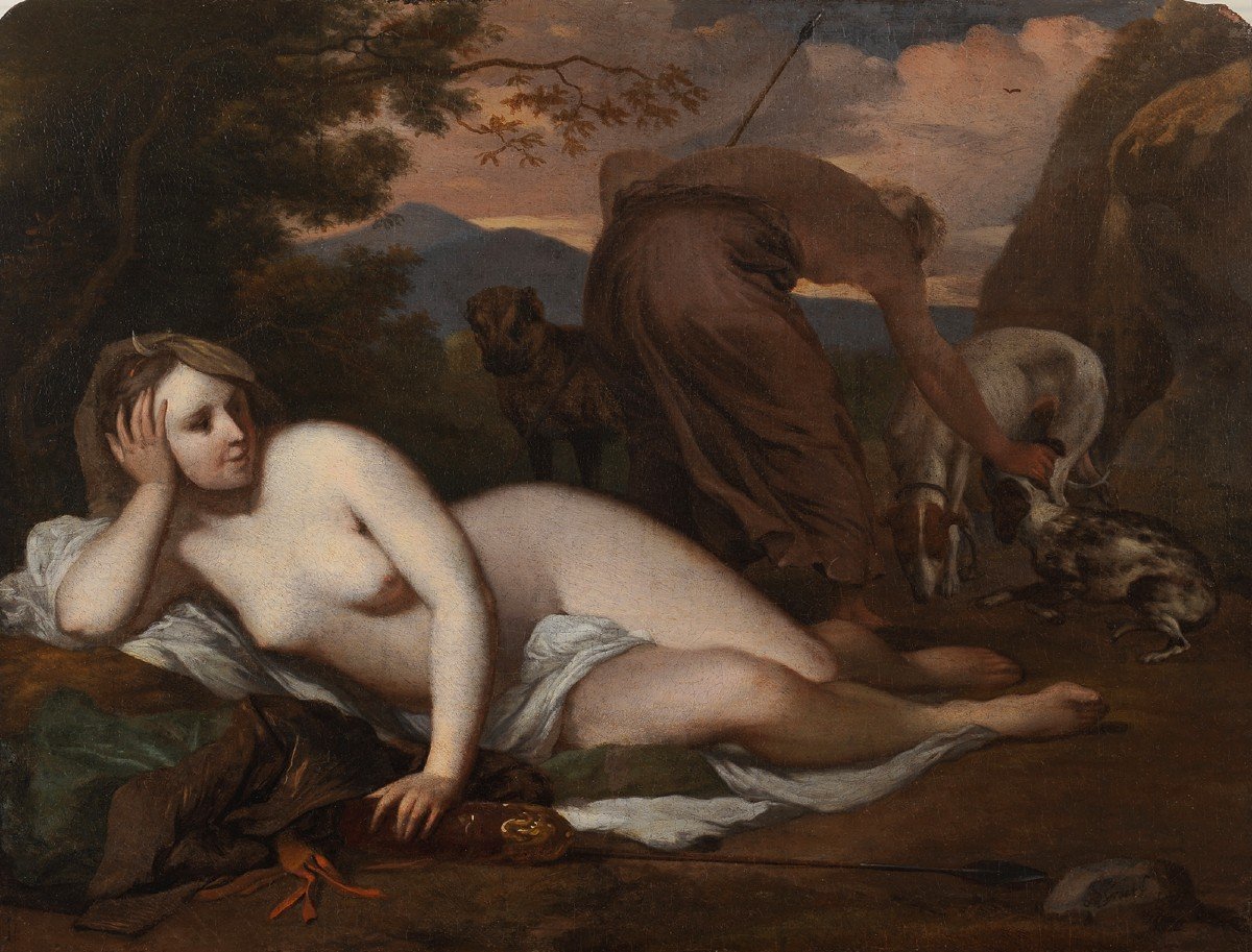 Barend Graat (1628-1709) Diane chasseresse et ses chiens nu Chasse