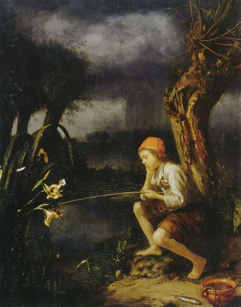 Att. à Godfried Schalken (1643-1706) Jeune pêcheur à la ligne Schalcken-photo-1