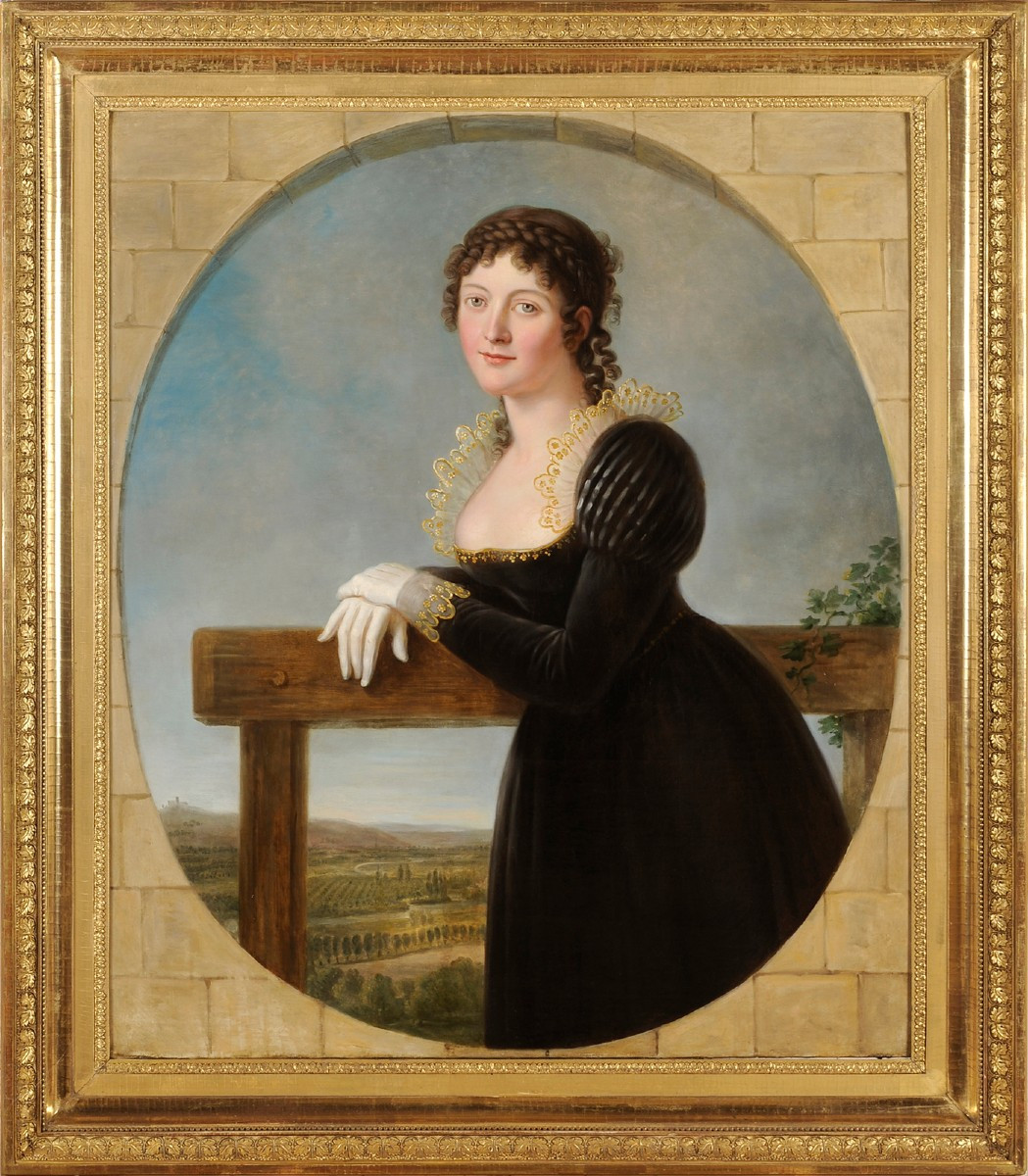 Portrait de femme devant un paysage dans un trompe l’oeil