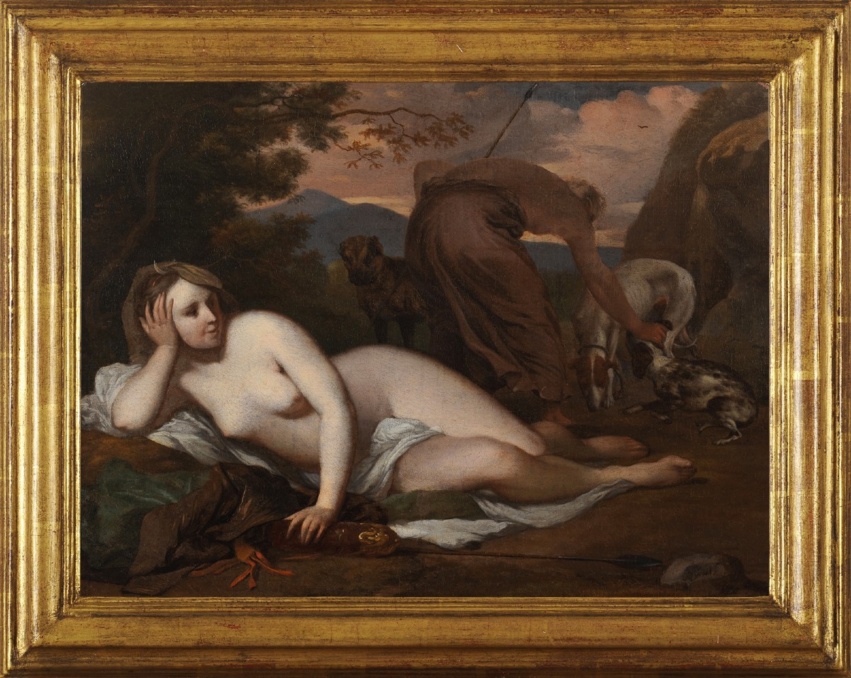 Barend Graat (1628-1709) Diane chasseresse et ses chiens nu Chasse