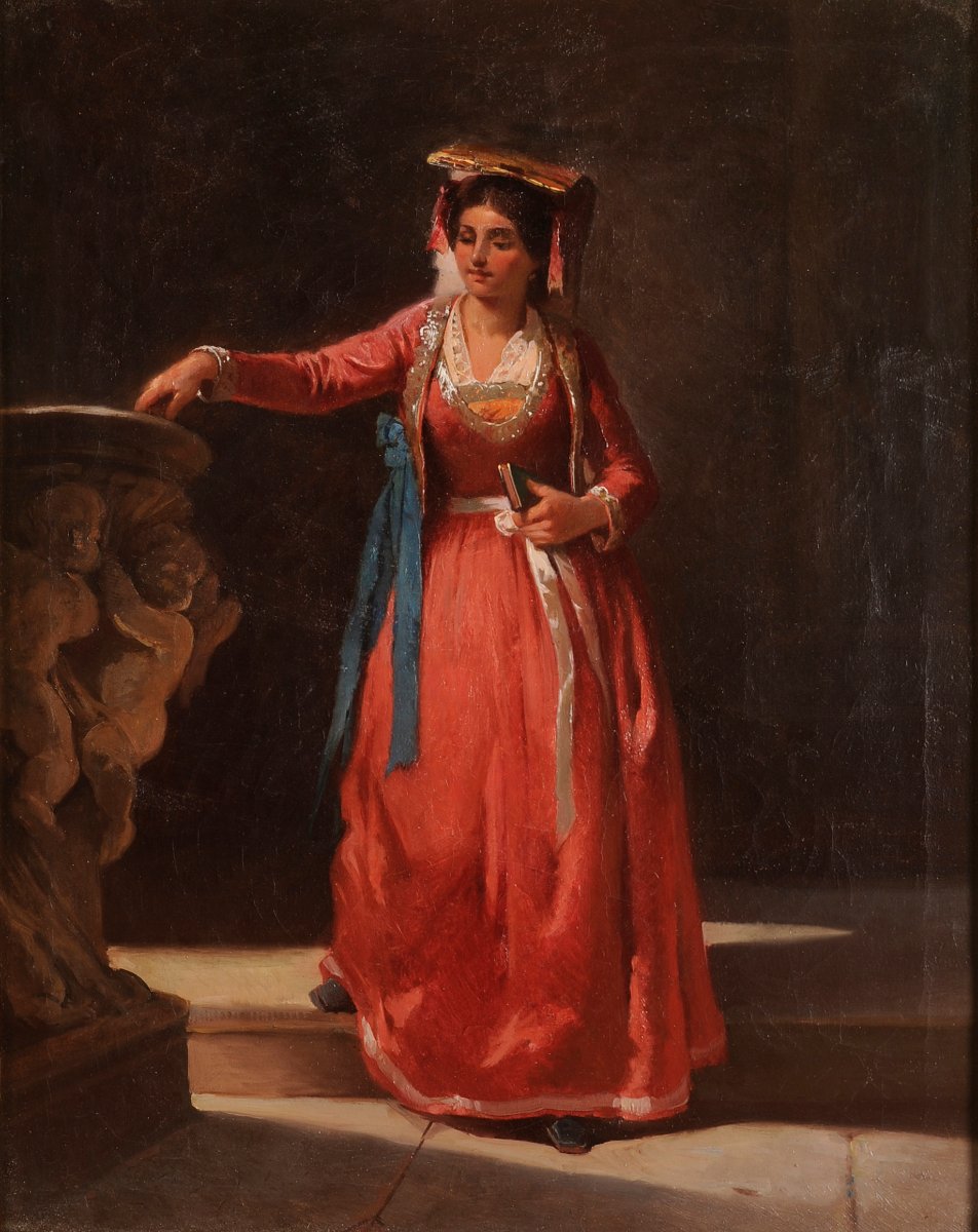 French School, Circa 1850 – Young Roman Woman At The Entrance To A Church-photo-2