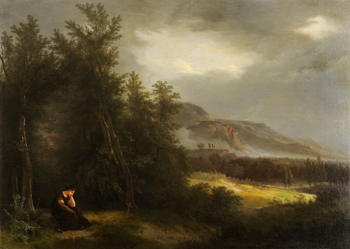 Entourage de Sablet - Femme en deuil dans un paysage de montagne orageux