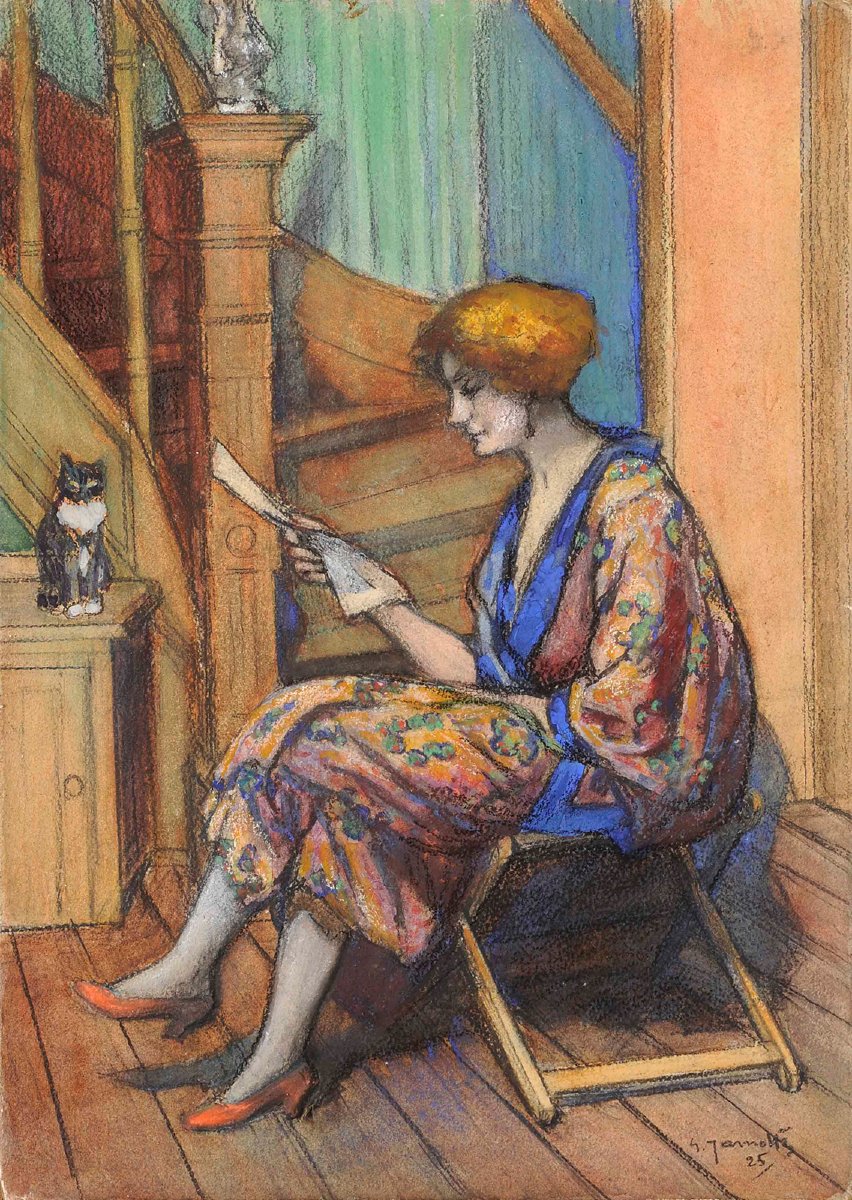 Georges Jamotte (1880–1940) Portrait Of A Woman With A Cat-photo-2