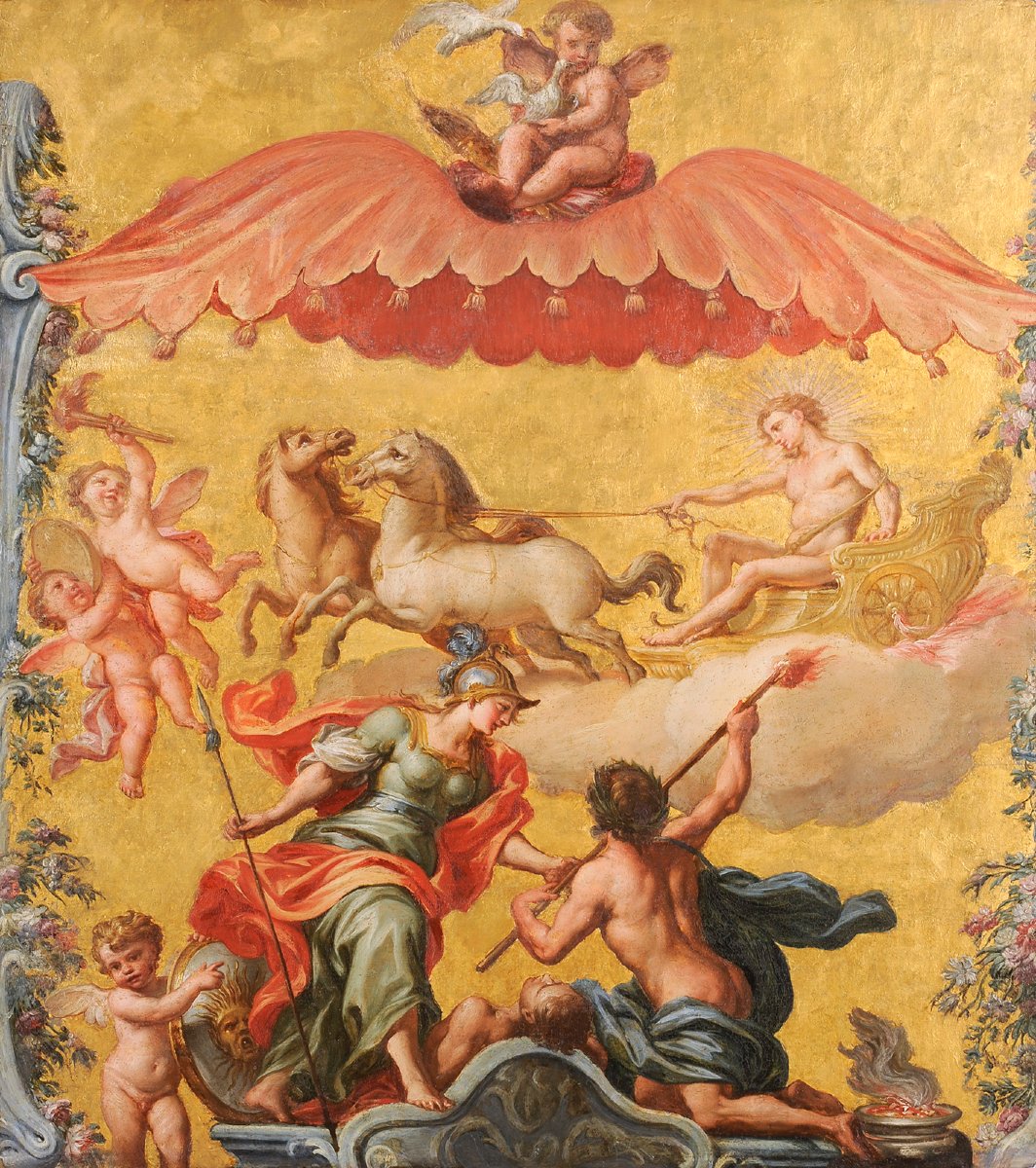 18th-century Gilded Carriage Panel—apollo On His Chariot And Minerva