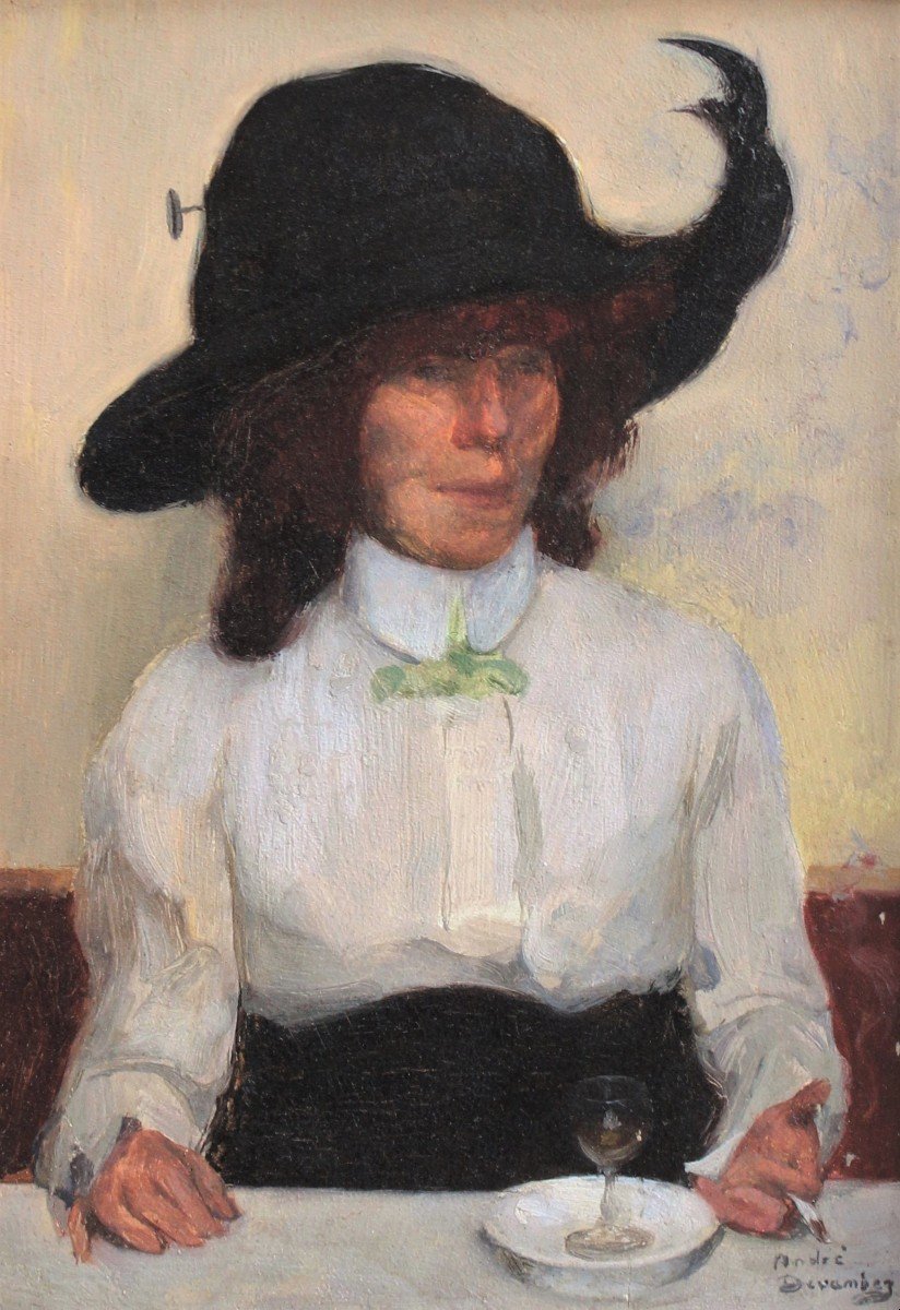 André Devambez (1867-1944) Portrait de femme au bistrot Absynthe