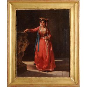 French School Around 1850 - Young Roman Woman At The Entrance To A Church