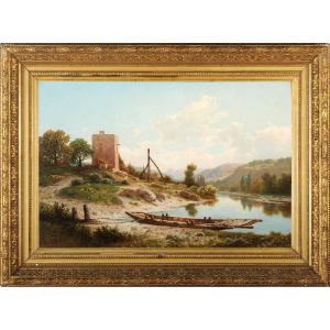 Antoine-claude Ponthus-cinier (1812-1885) The Ferry At Neuville Sur Ain