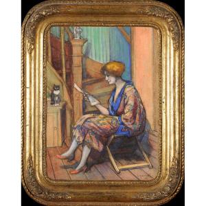 Georges Jamotte (1880–1940) Portrait Of A Woman With A Cat