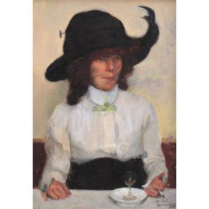 André Devambez (1867-1944) Portrait de femme au bistrot Absynthe