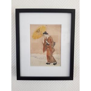 Léonard Tsuguharu Foujita GEISHA à l'Ombrelle Eau Forte Originale Tirage De 1926