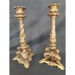 Pair Of 19 E Bronze Candlesticks With Chimera Heads