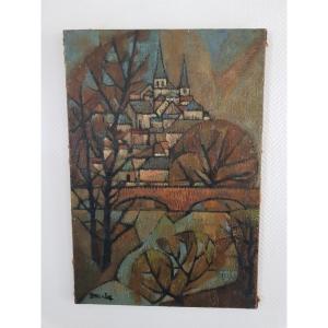 l'Indre à Loches Tableau Post Cubiste Circa 1960/1970 Par Jacques Blin 