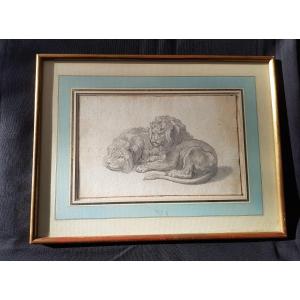 Two Lions, Ink Wash, 19th Century School