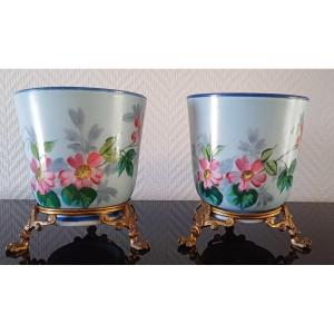 Pair Of Small Earthenware Flower Pots With Floral Decoration, Bronze Mounts, Late 19th-early 20th Century