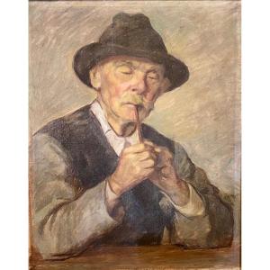 Portrait, Homme à La Pipe, Ferenc ács (1876-1949)