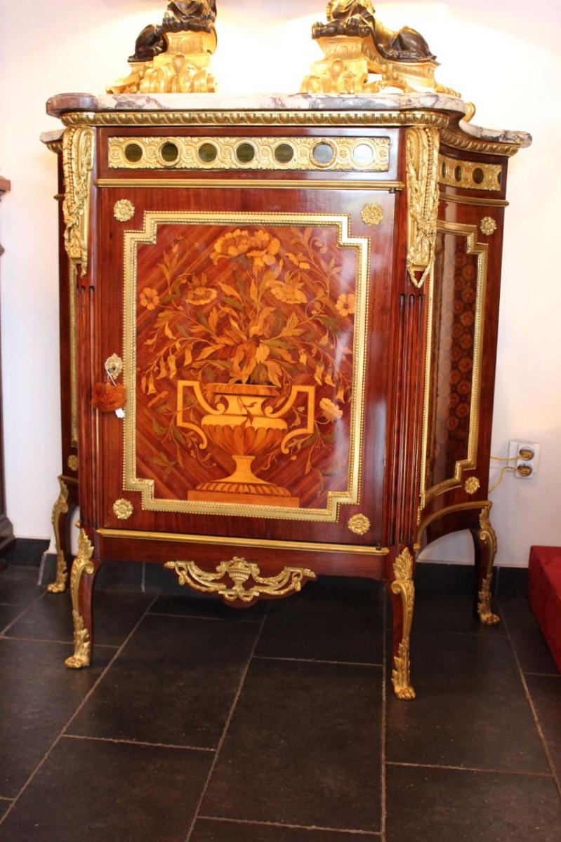 Buffet Support Height Marquetry Marble Top And Gilt Bronze, XIX Time.