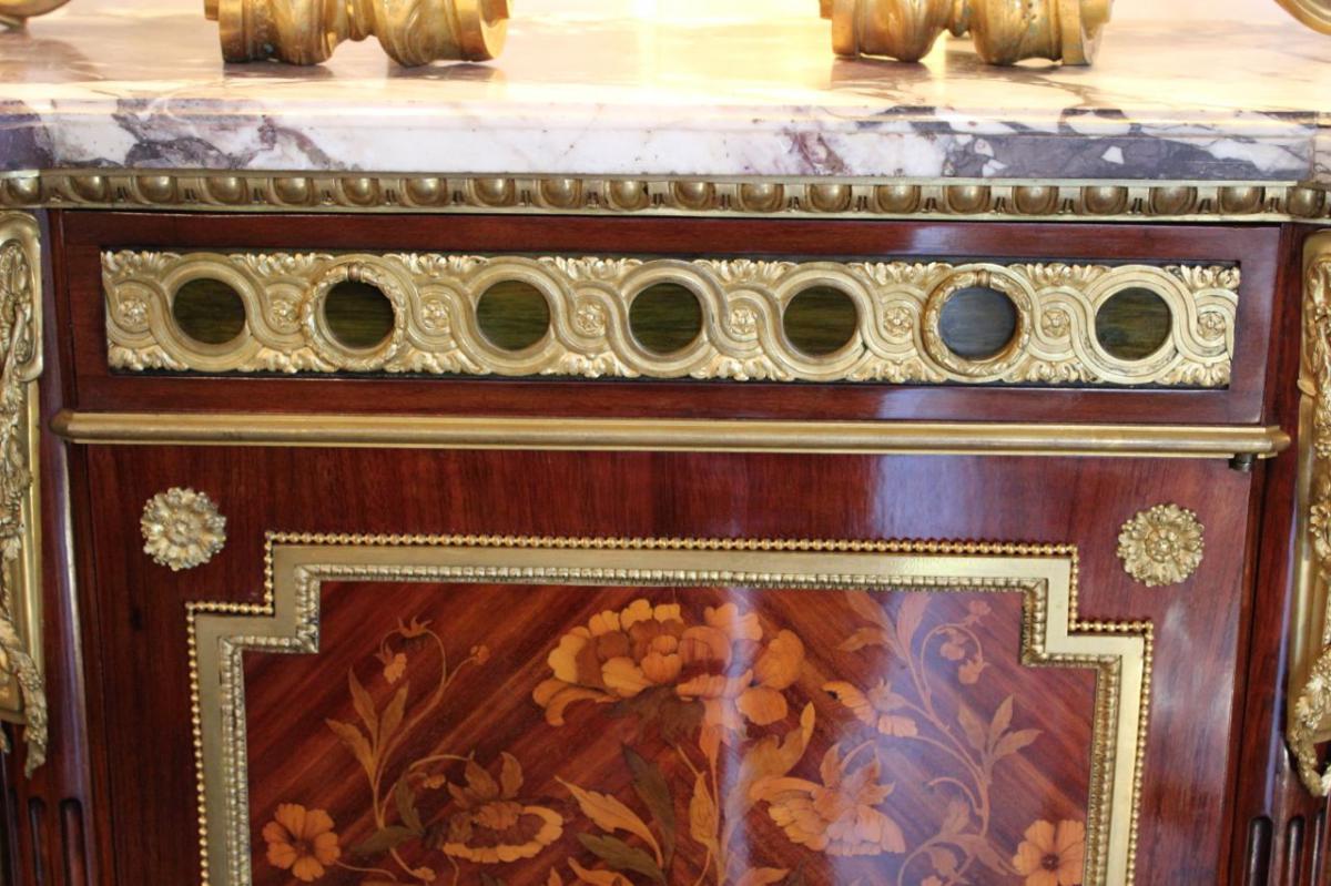 Buffet Support Height Marquetry Marble Top And Gilt Bronze, XIX Time.-photo-2