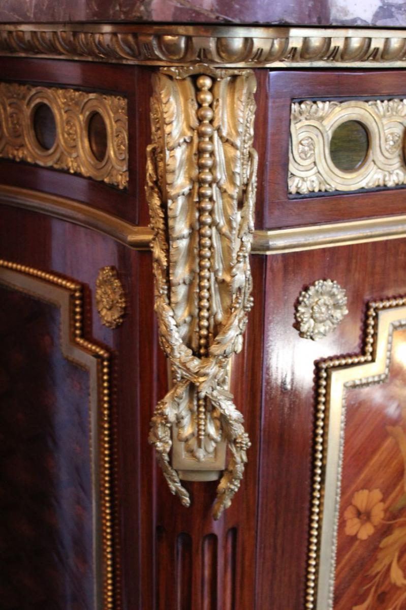 Buffet Support Height Marquetry Marble Top And Gilt Bronze, XIX Time.-photo-3