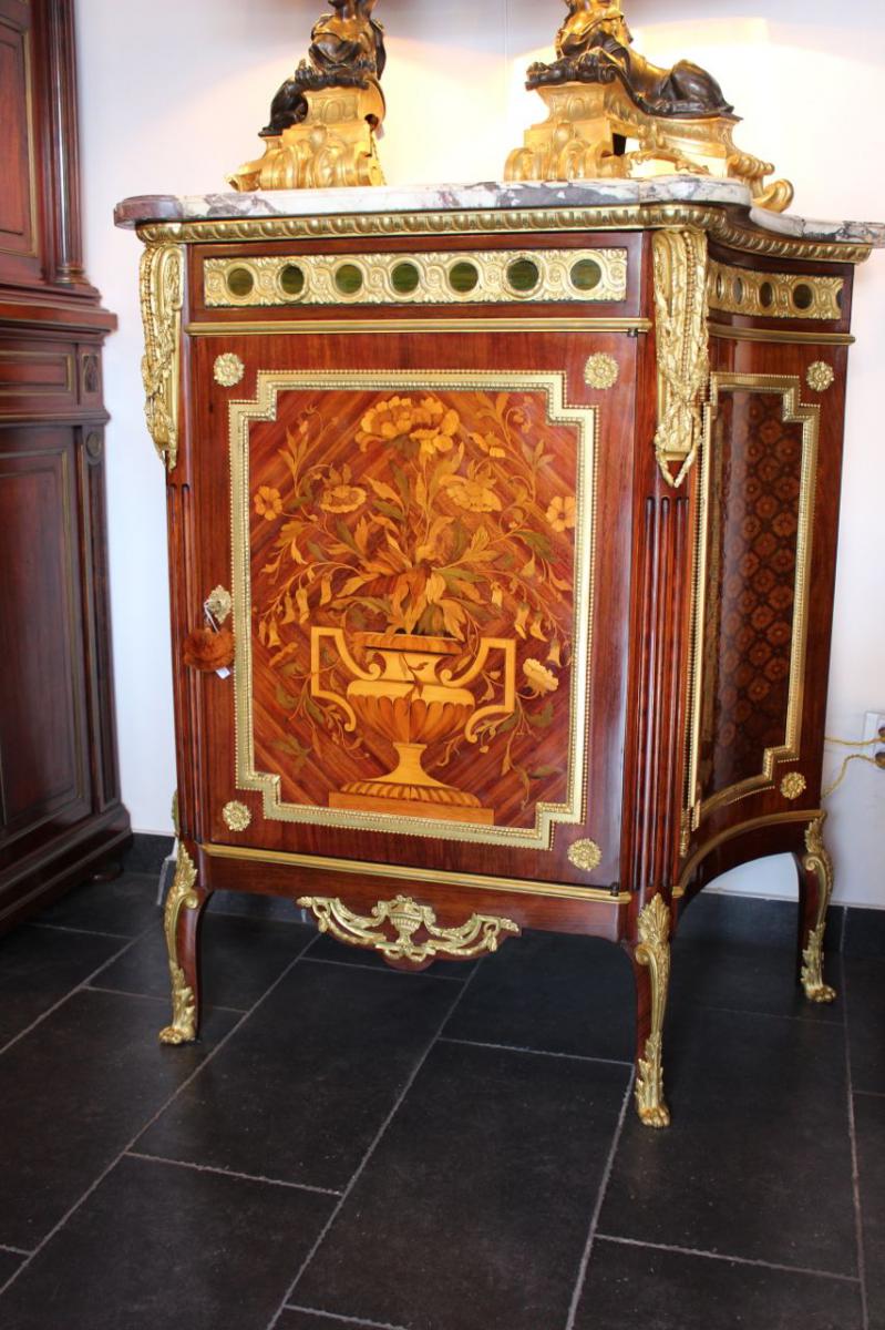 Buffet Support Height Marquetry Marble Top And Gilt Bronze, XIX Time.-photo-3