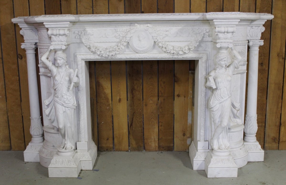 Important White Marble Fireplace