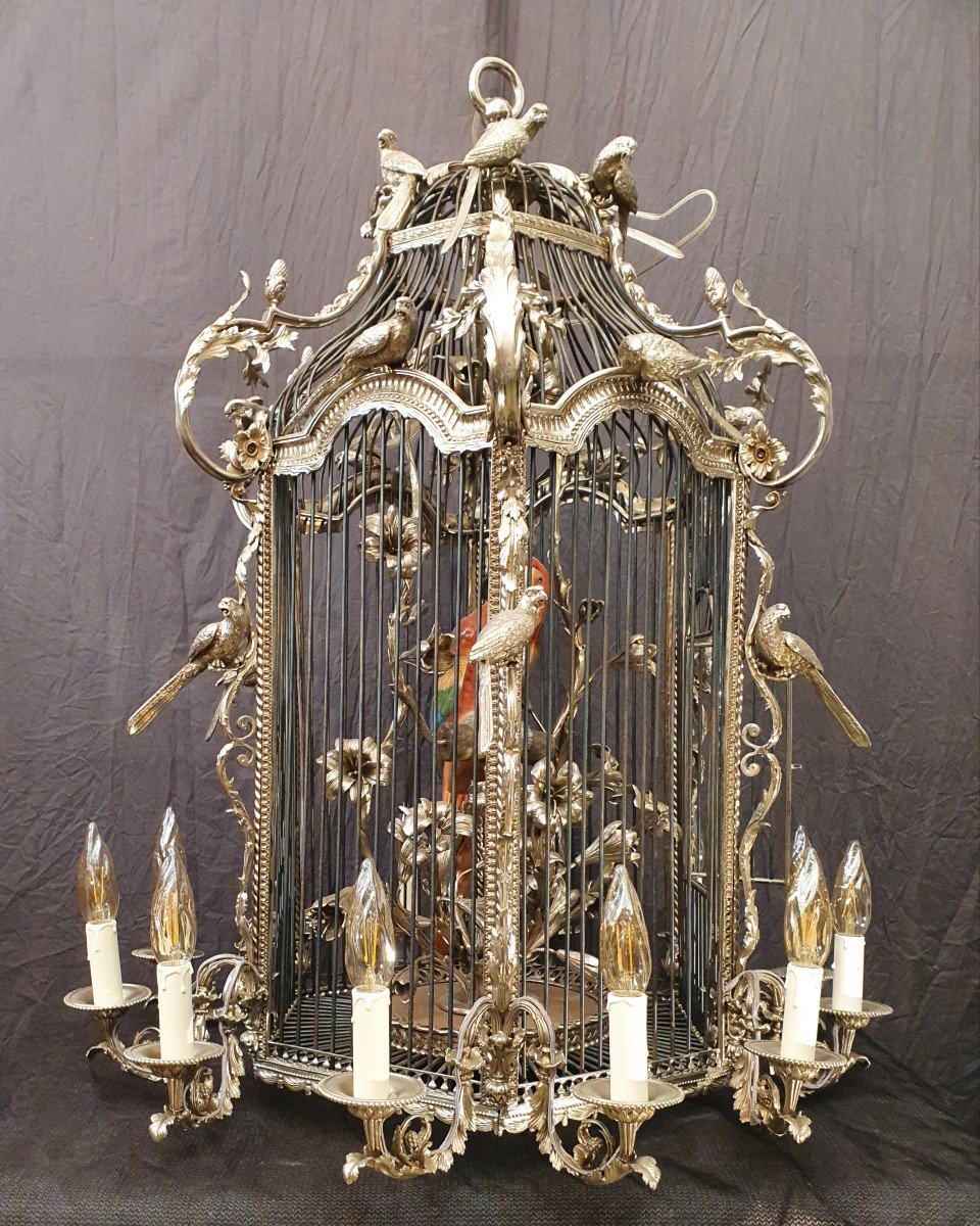 Proantic: Lustre Cage Perroquet En Bronze Argenté