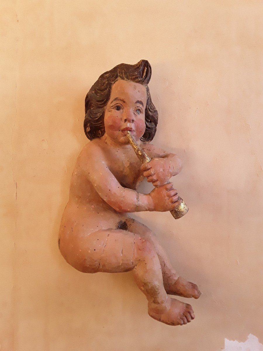 Paire De Putti En Bois Polychrome. H 59 cm.-photo-2