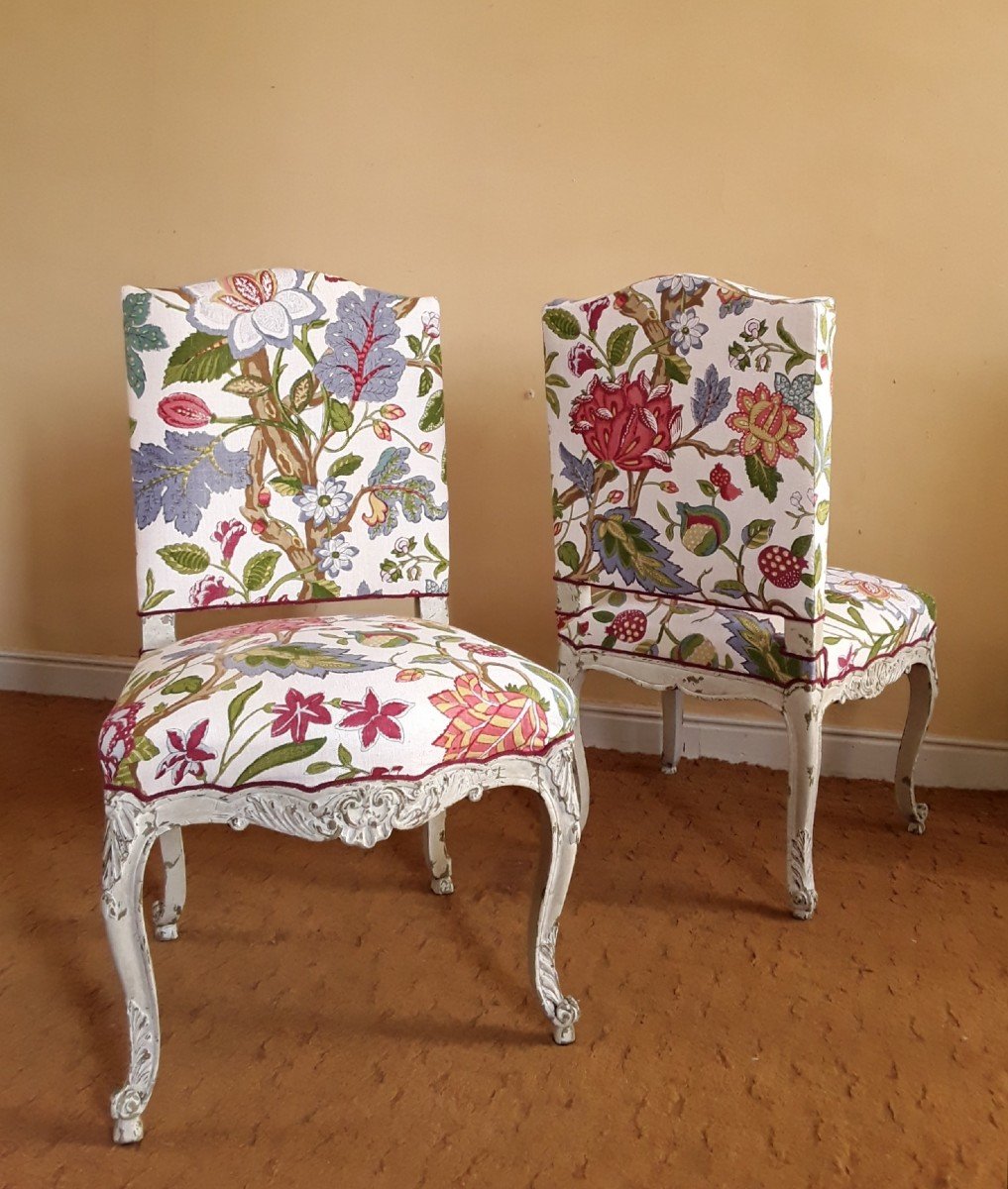Large Paire De Chaises En Bois Laqué Au Tissus Flamboyant.-photo-2