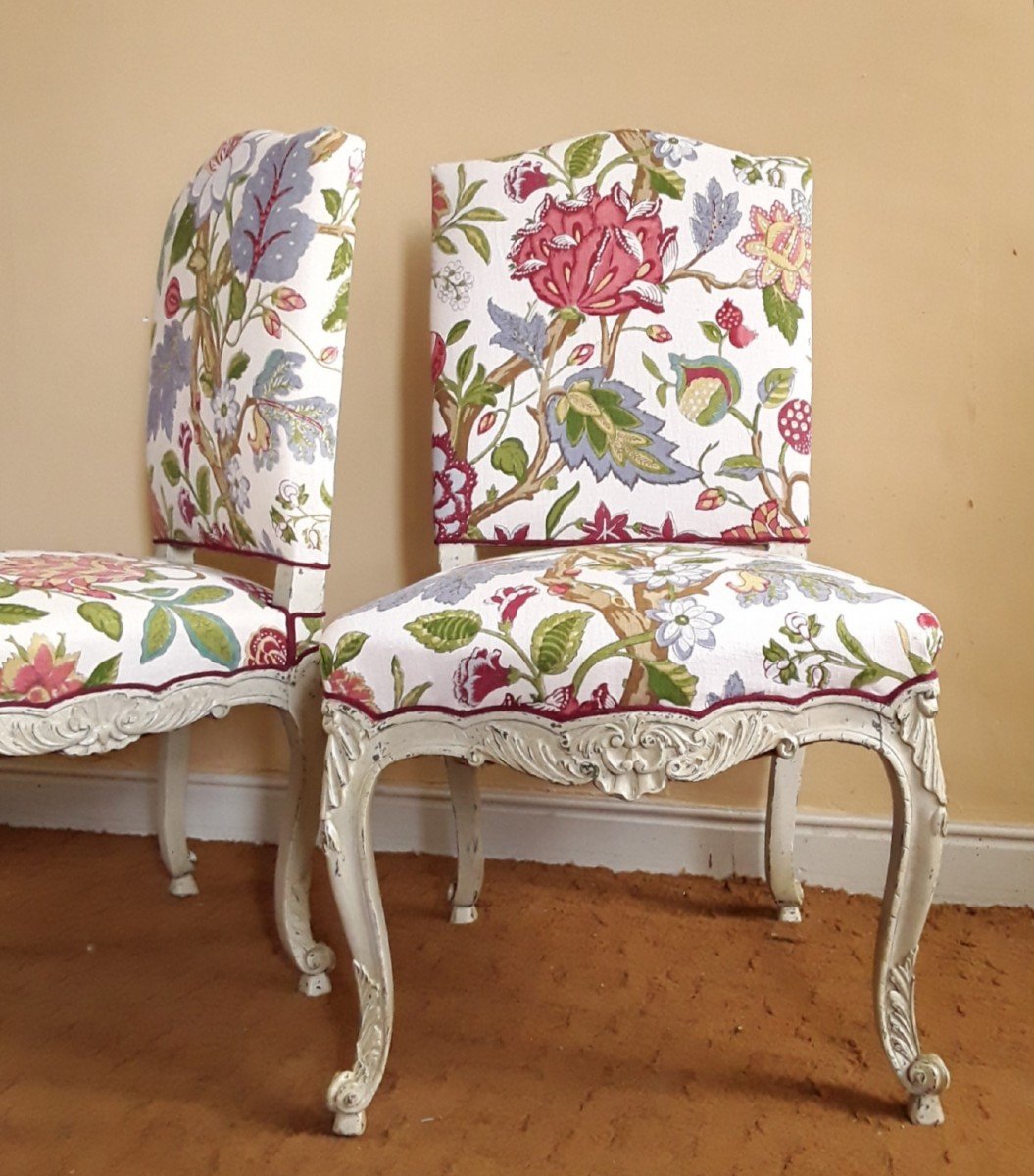 Large Pair Of Lacquered Wood Chairs With Flamboyant Fabric.-photo-1