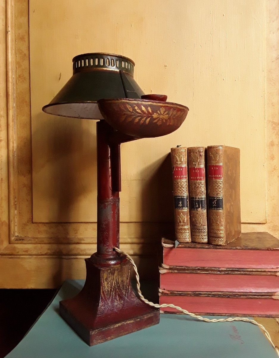 Oil Lamp. Painted Sheet Metal From The Directoire Period. -photo-2