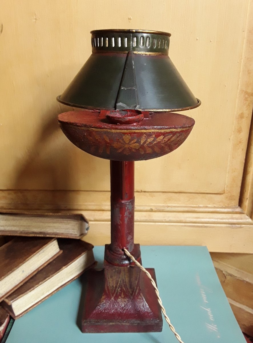Oil Lamp. Painted Sheet Metal From The Directoire Period. -photo-5