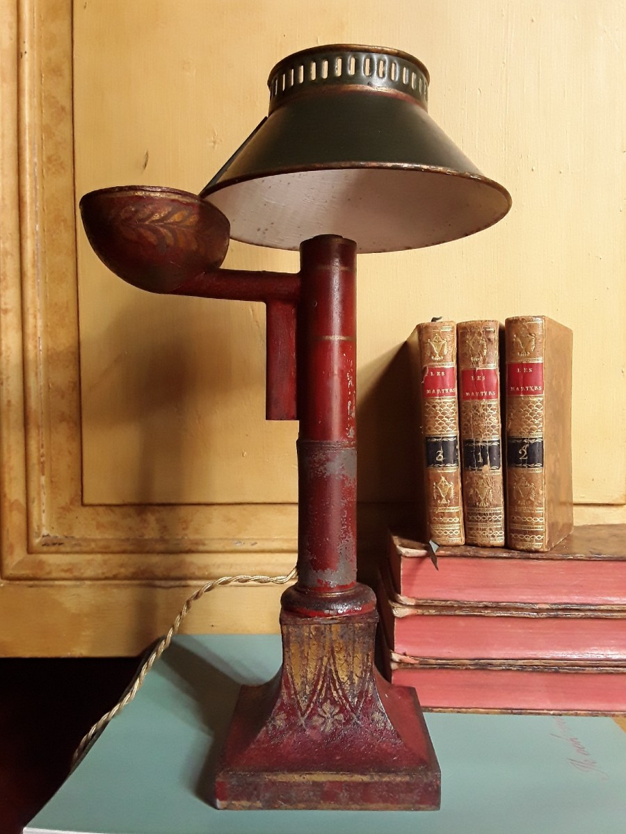 Oil Lamp. Painted Sheet Metal From The Directoire Period. 