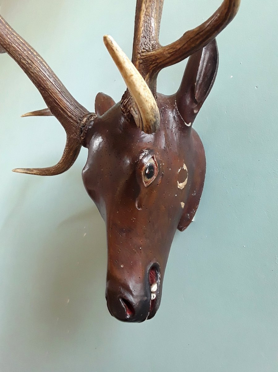Carved Wooden Deer Trophy. -photo-2
