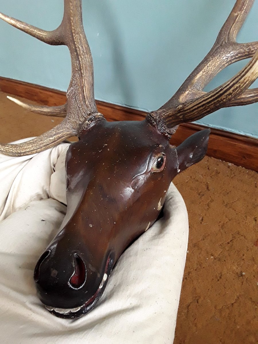Carved Wooden Deer Trophy. -photo-4
