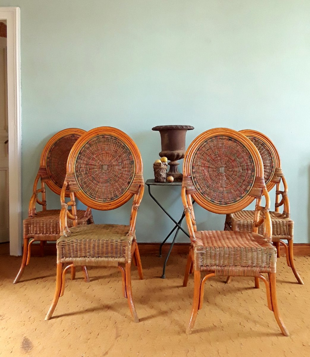 Suite de quatre chaises en rotin et bambou polychrome. (H 112 cm)-photo-2